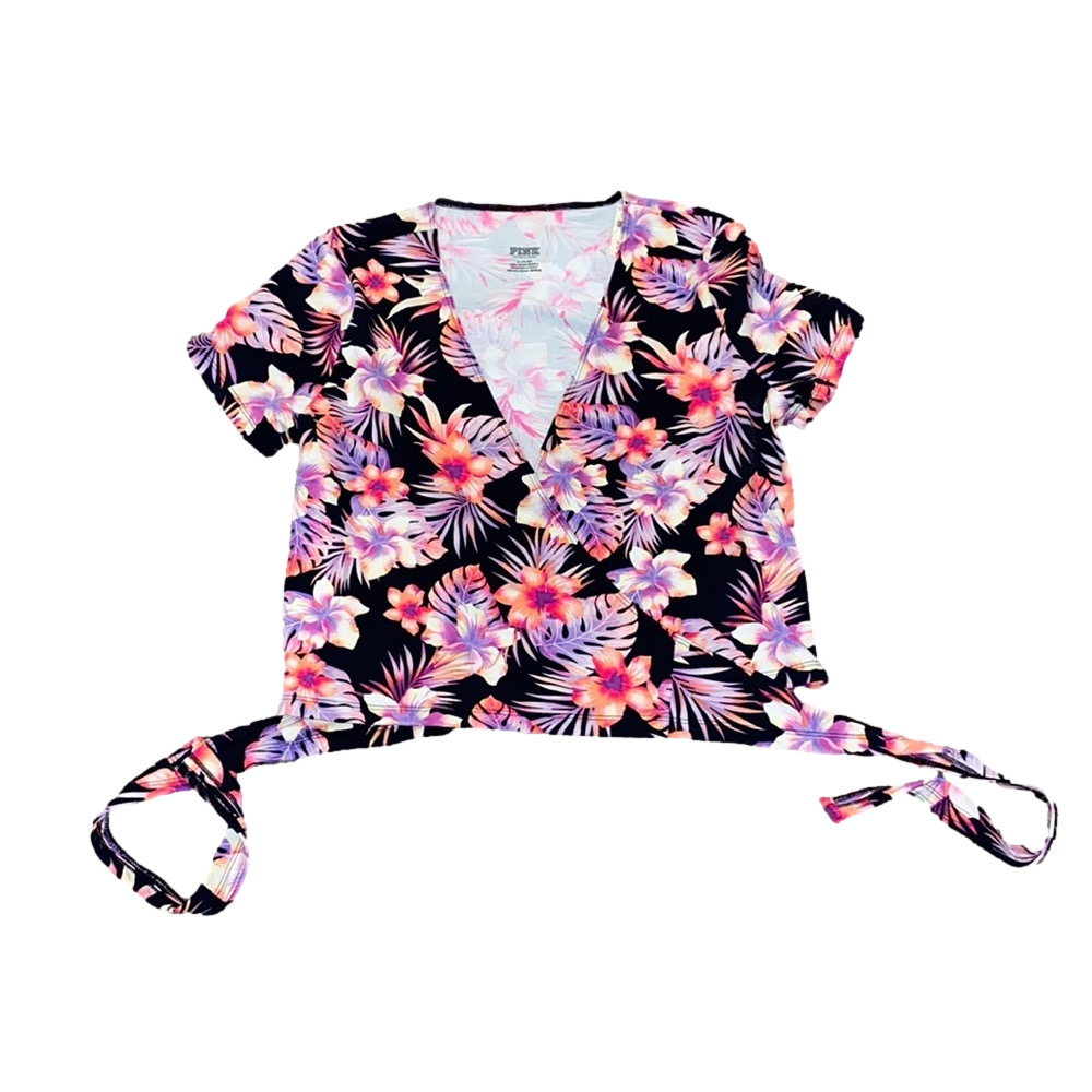 PINK Victoria’s Secret Floral Wrap Swim Top Tie Front Black Pink SIZE M NWT